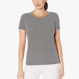Lauren Ralph Lauren‎ Women's Striped Gold Trim Tee T Shirt Top